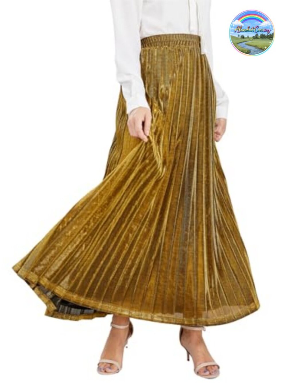 Metallic Shiny Accordion Pleated Maxi Skirt Flowy Party Club